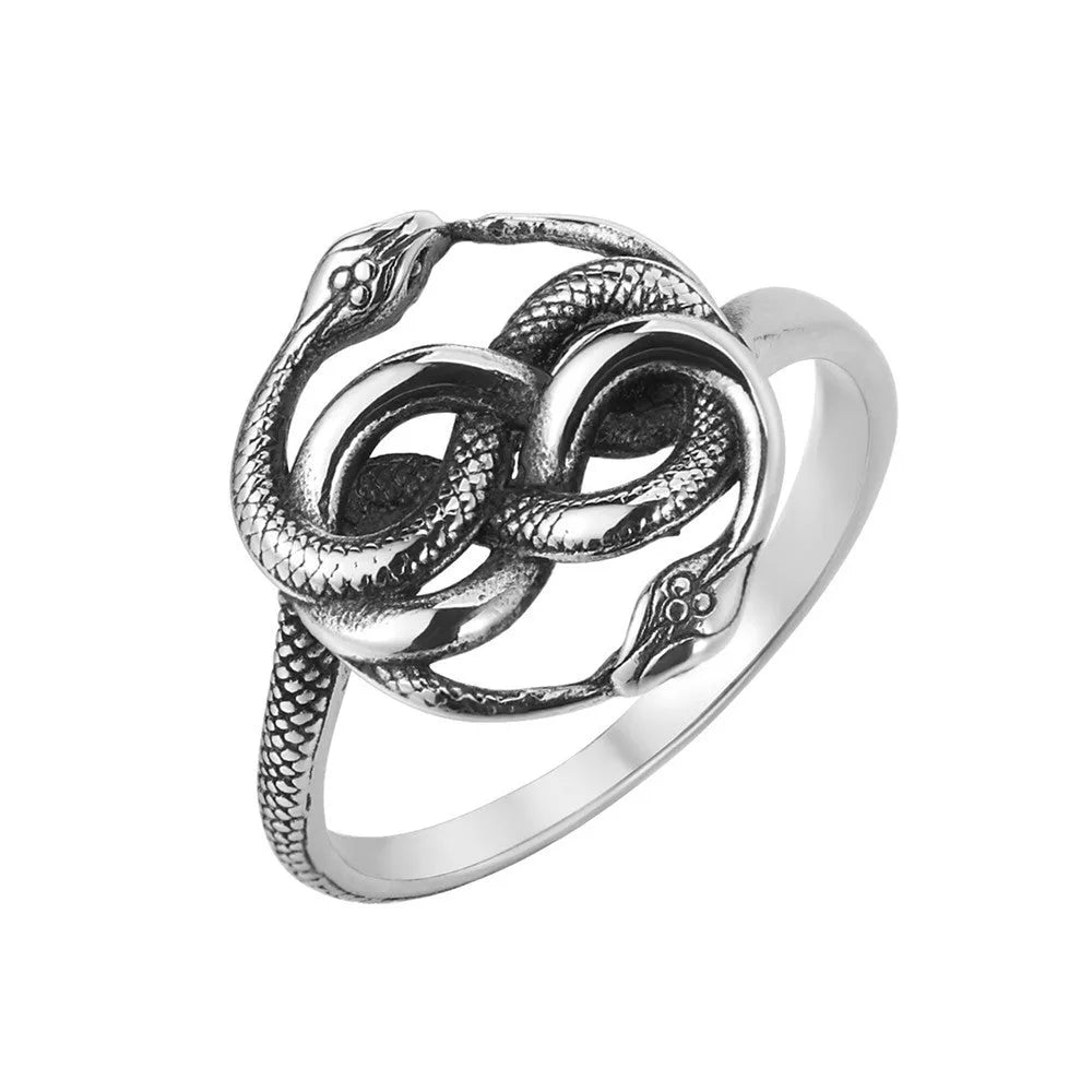 Close-up of a retro-style double snake ring made from titanium steel in a steel colour finish.