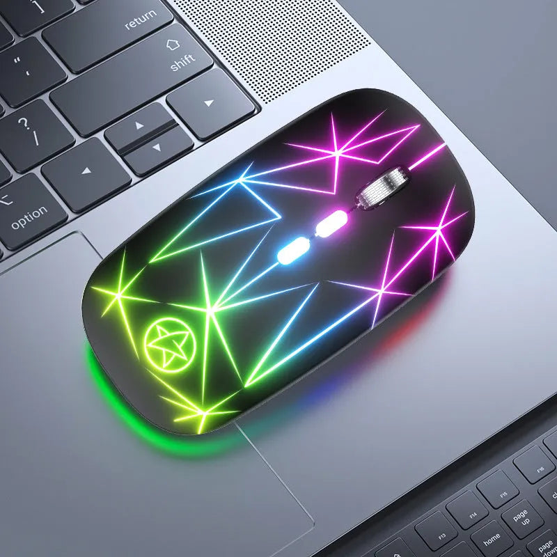 Wireless Bluetooth mouse with luminous charging in star black colour showing five buttons and metal roller wheel