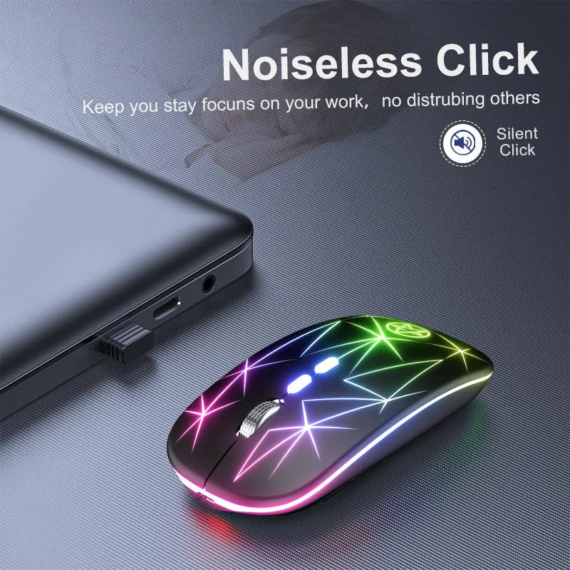 Wireless Bluetooth mouse with luminous charging in star black colour showing five buttons and metal roller wheel