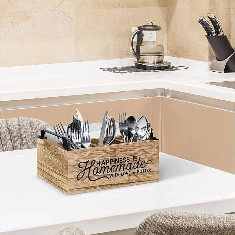 Wooden kitchen storage box with grid dividers for cutlery organisation