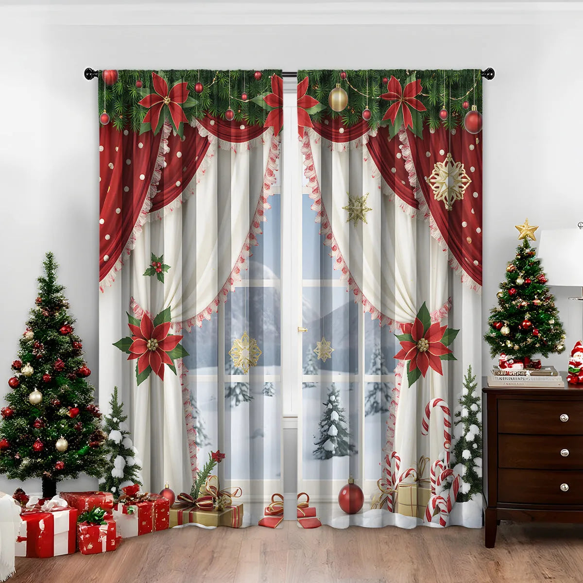 3D digitally printed Christmas curtains with European style patterns in polyester fabric