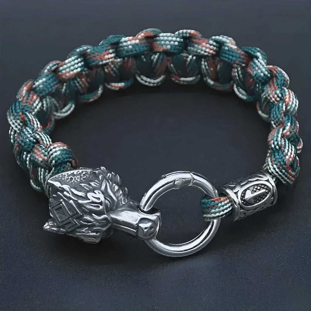 Stainless steel wolf head bracelet with Chinese Luen character charm in camouflage colour