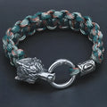 Stainless steel wolf head bracelet with Chinese Luen character charm in camouflage colour