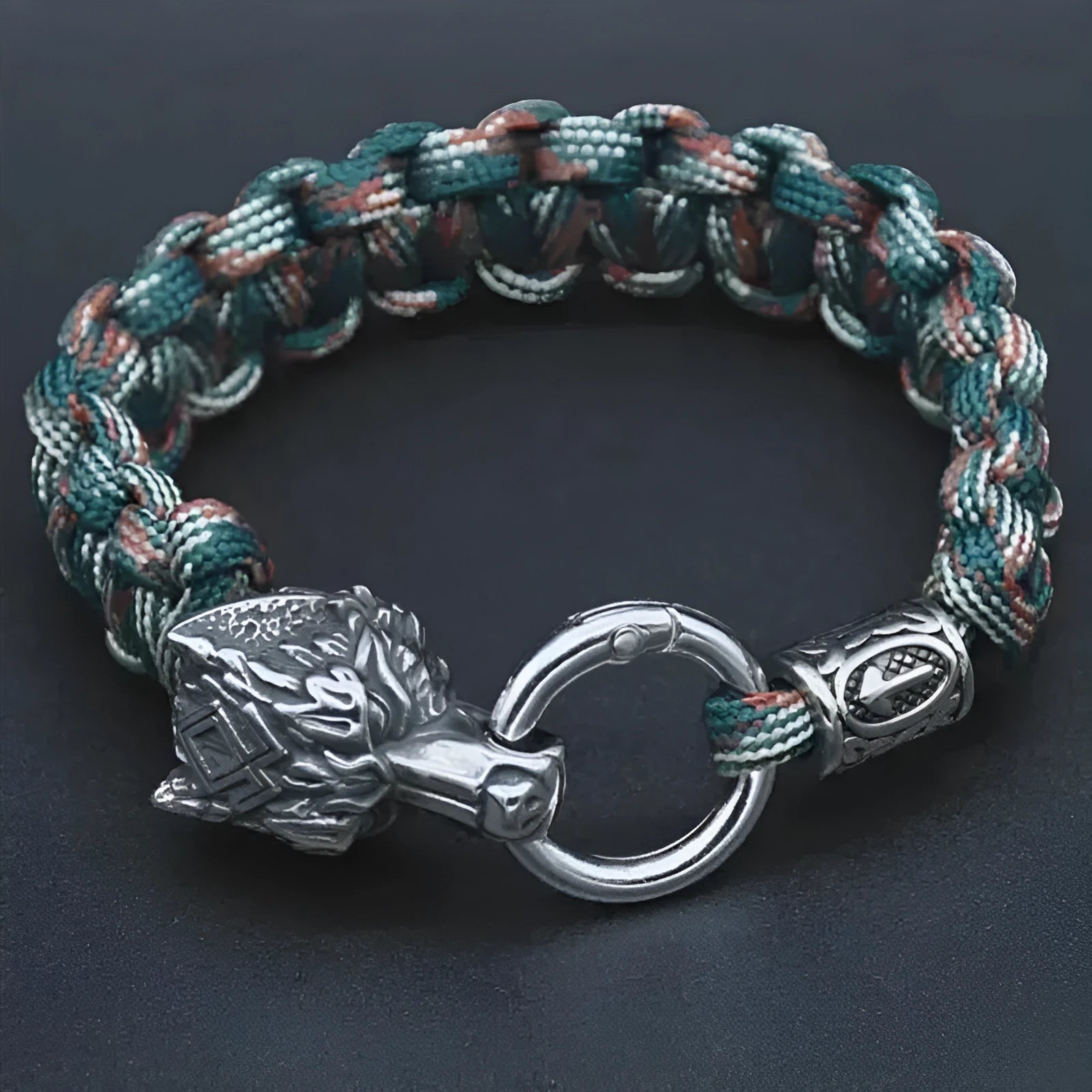 Stainless steel wolf head bracelet with Chinese Luen character charm in camouflage colour
