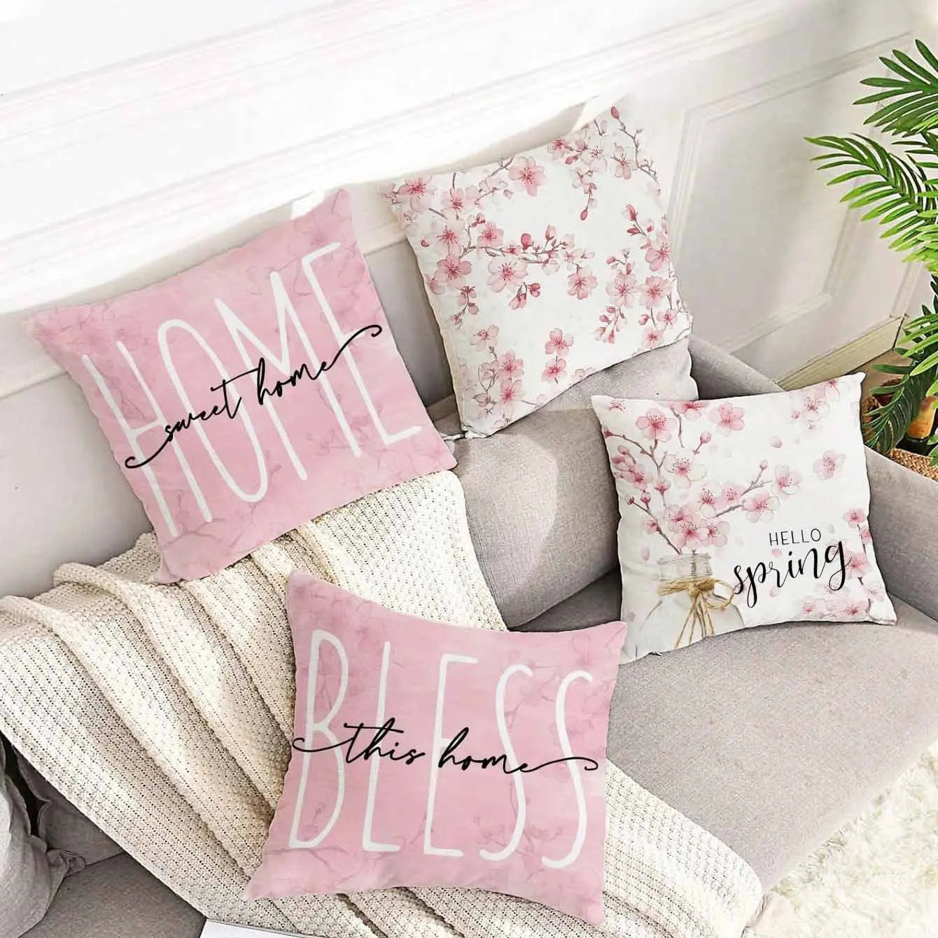 45cm square short velvet cushion cover with cherry blossom and letter design in four colour options