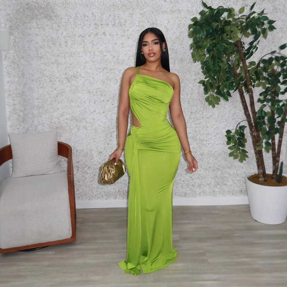 Women's solid colour one shoulder pleated dress in milk silk polyester fabric shown in white, orange, and green