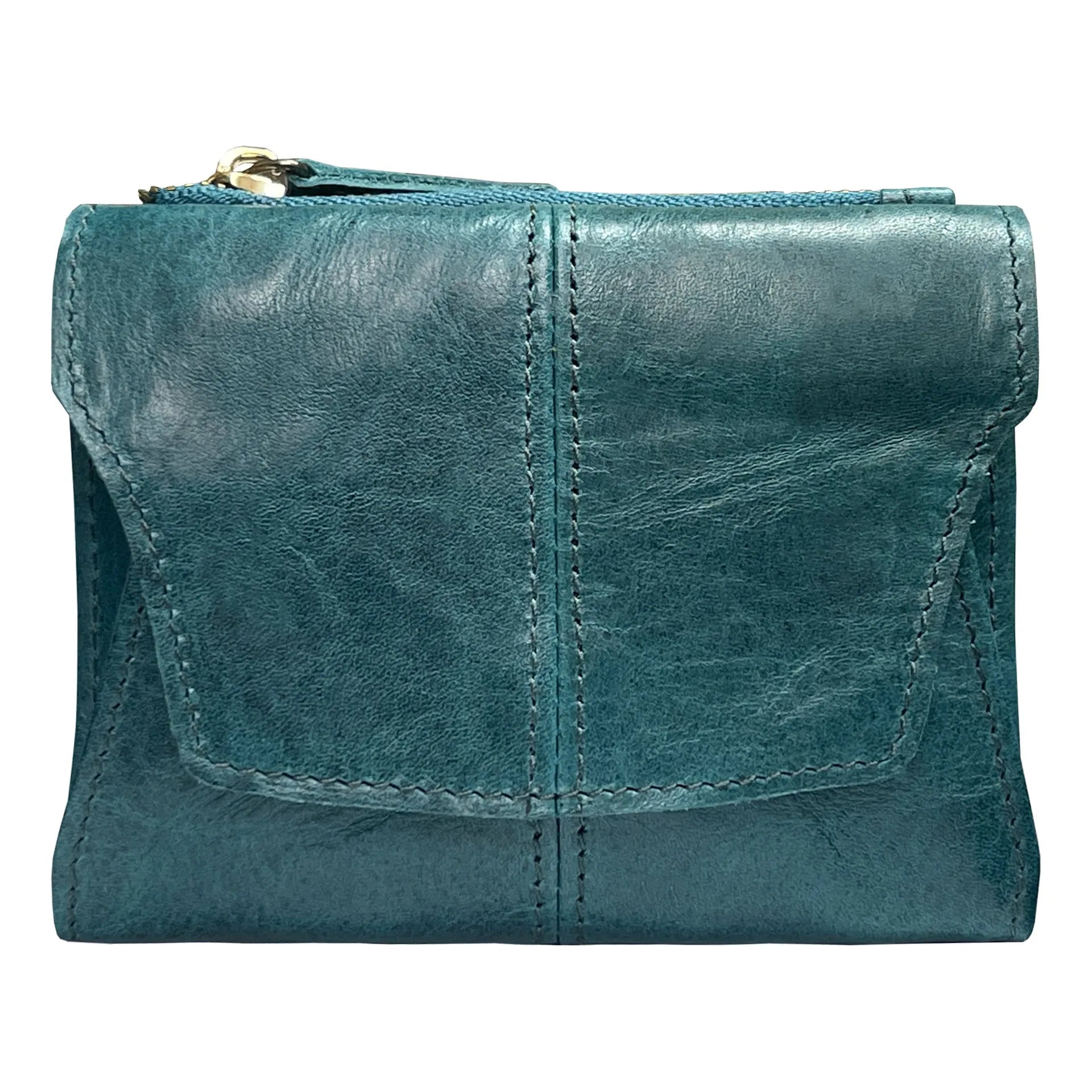 Genuine cowhide leather coin purse with stitching details in European Retro style