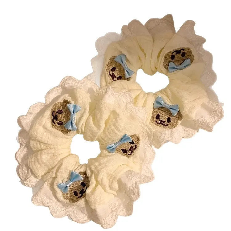 Bear blue bow lace large intestine style elastic hair ring with cloth material