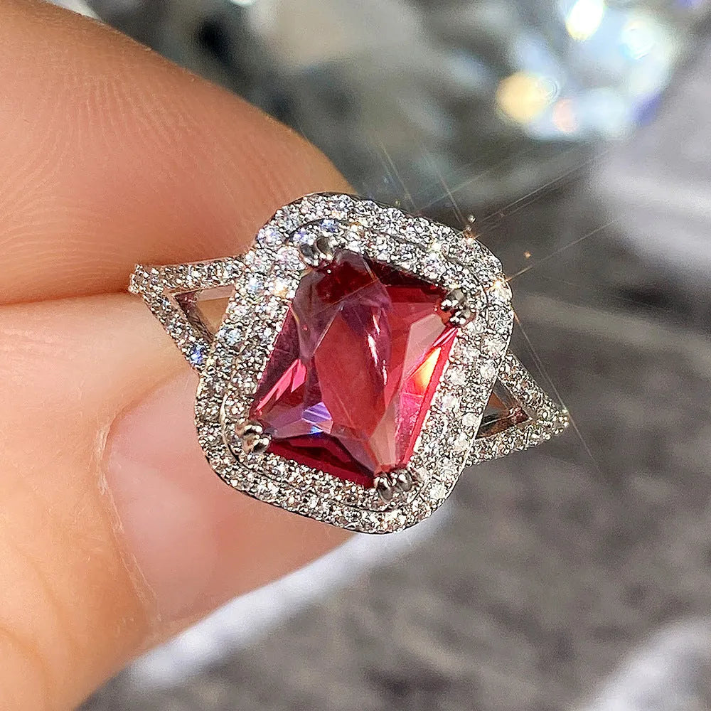 Copper square princess ring with red rhinestones in geometric pattern, UK sizes 6-10