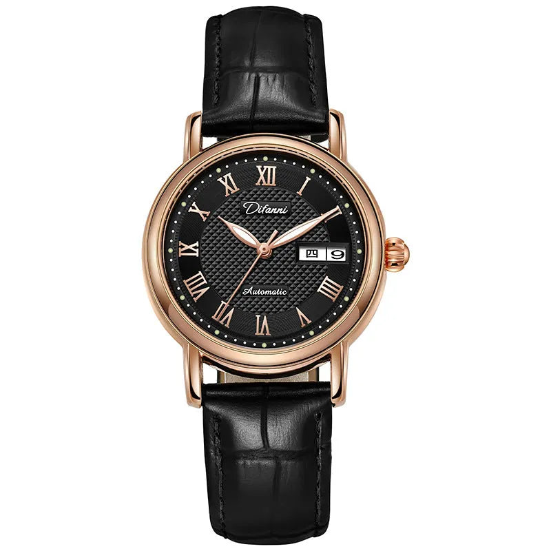 Women's automatic mechanical fashion watch with 12mm thickness showing steel and leather strap options