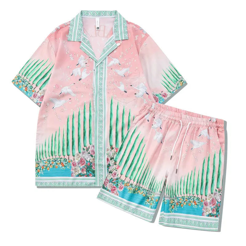 Plaid print beach outfit set comprising a short sleeve shirt and matching shorts on a mannequin