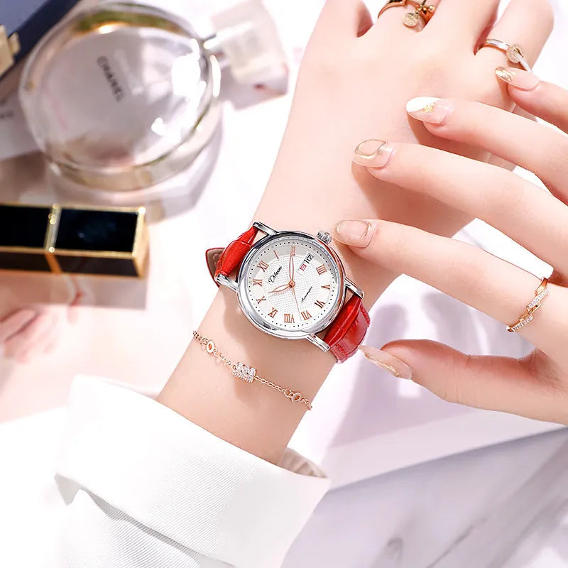 Women's automatic mechanical fashion watch with 12mm thickness showing steel and leather strap options