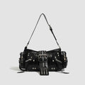 Black retro dumpling-shaped women's shoulder handbag with exterior pockets and organised interior.