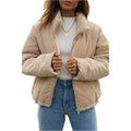 Apricot women's corduroy zip-up jacket with a stand collar, shown on a model.