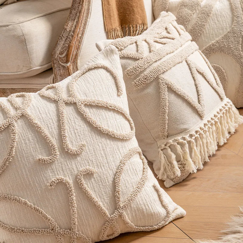 Knitted striped cushion cover with tassel decoration in a choice of six patterns.