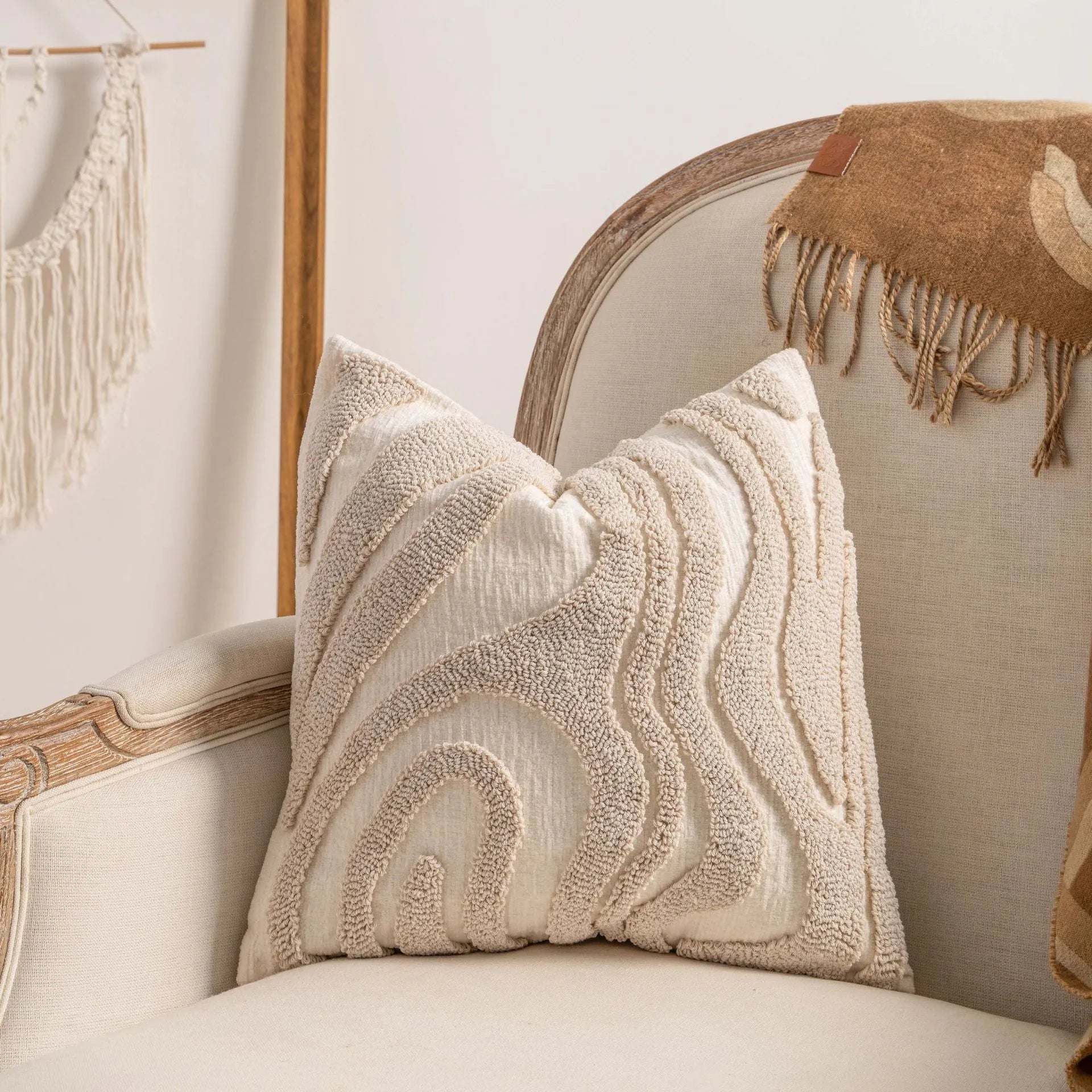 Knitted striped cushion cover with tassel decoration in a choice of six patterns.