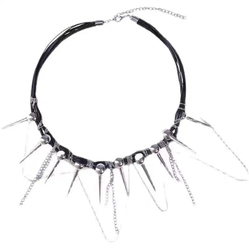 Women's leather necklace with electroplated finish showing rivet decoration and winding tassel design with round beads