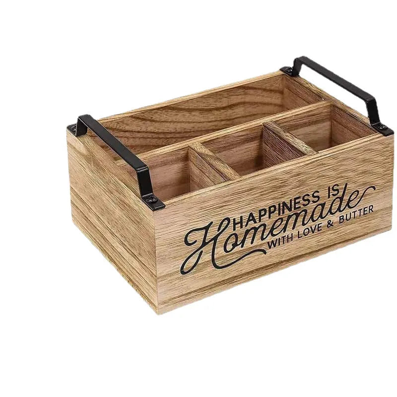 Wooden kitchen storage box with grid dividers for cutlery organisation
