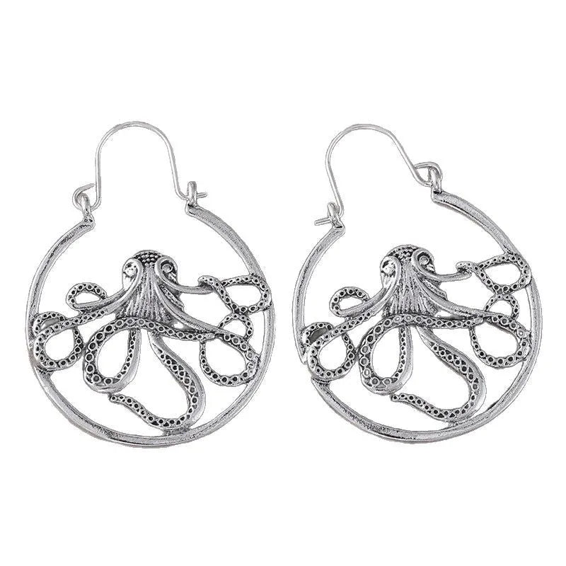 Vintage octopus earrings in antique silver with electroplated finish and zinc alloy construction