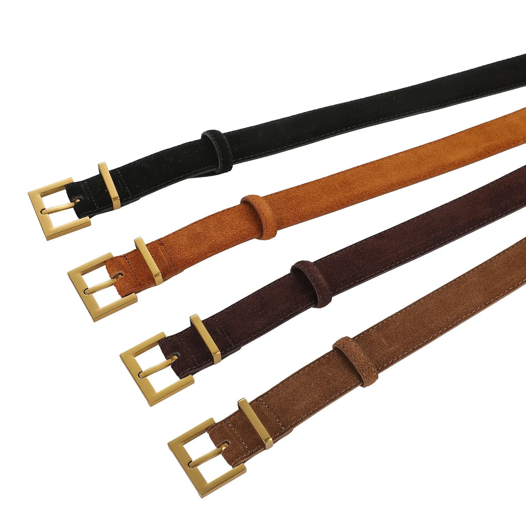 Ladies' black leather pin buckle belt with quadrilateral alloy buckle on a white background.