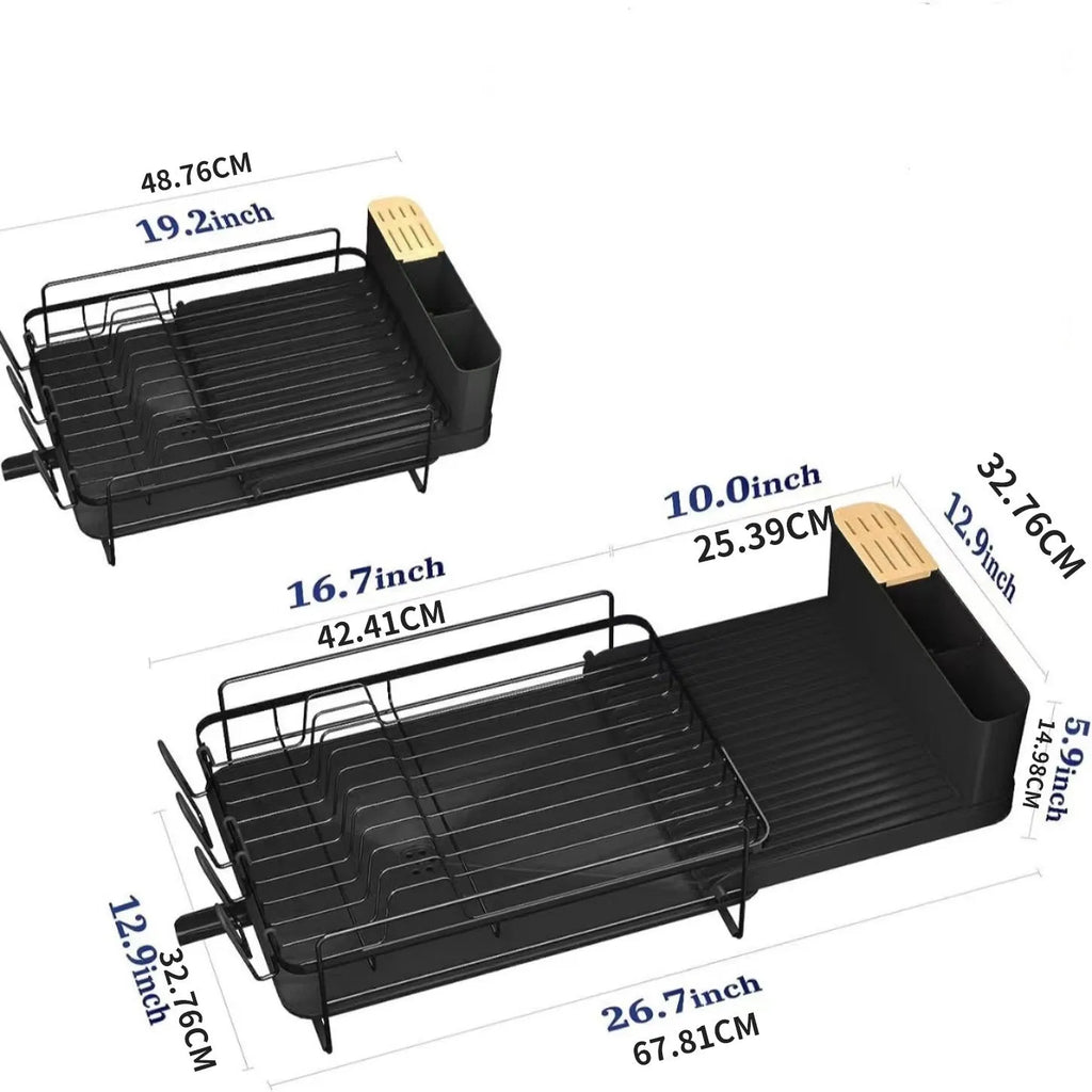 Retractable foldable kitchen dish drain rack for cutlery and cups on a countertop.