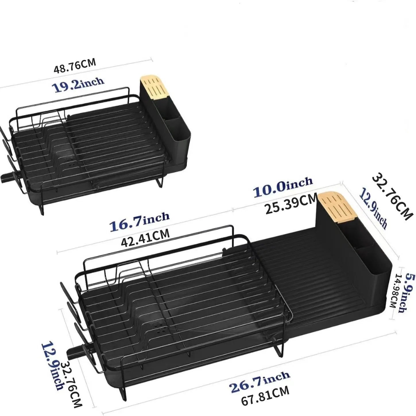 Retractable foldable kitchen dish drain rack for cutlery and cups on a countertop.