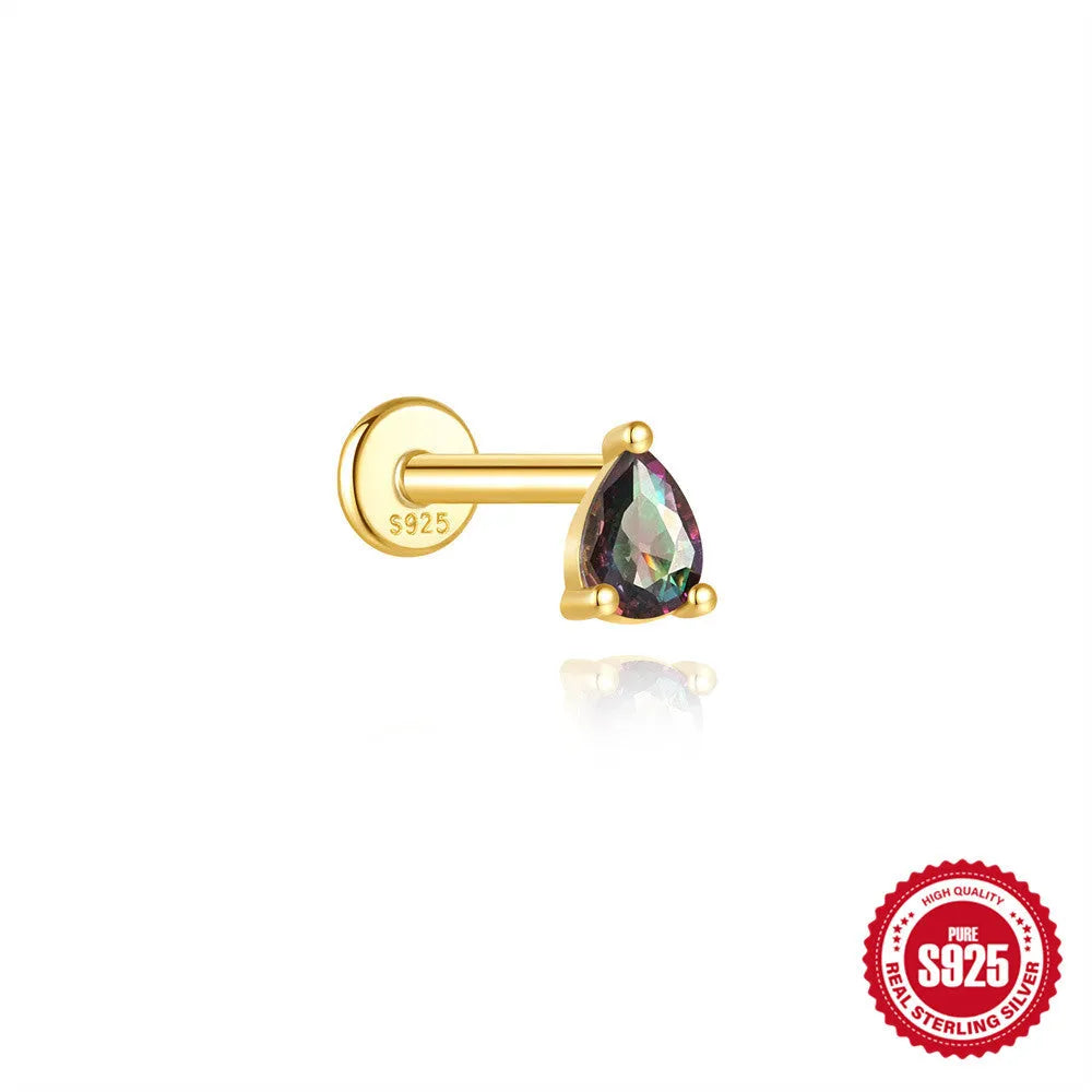 S925 sterling silver geometric flat head earring with a shiny rainbow stone on an alloy backing.