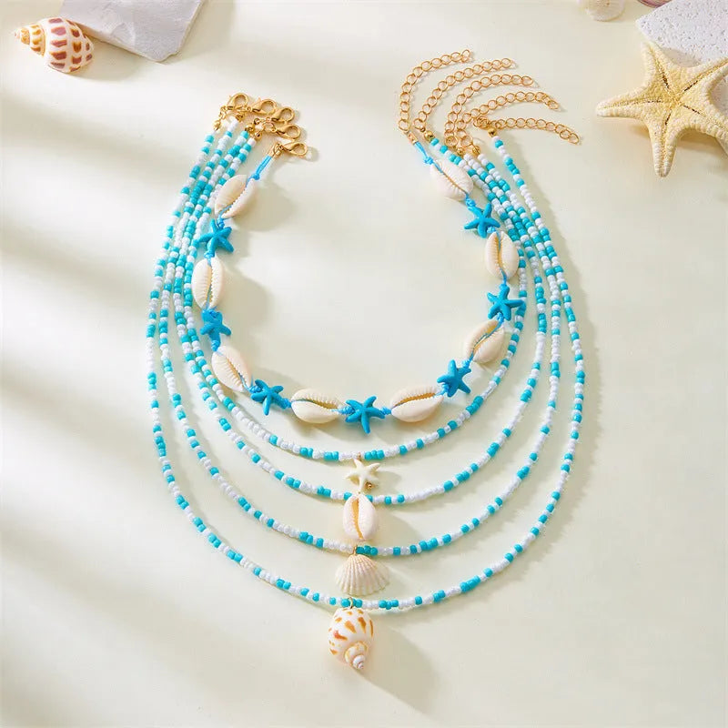Multi-layer women's necklace set with starfish, shell and conch beads on adjustable 21-50cm perimeter