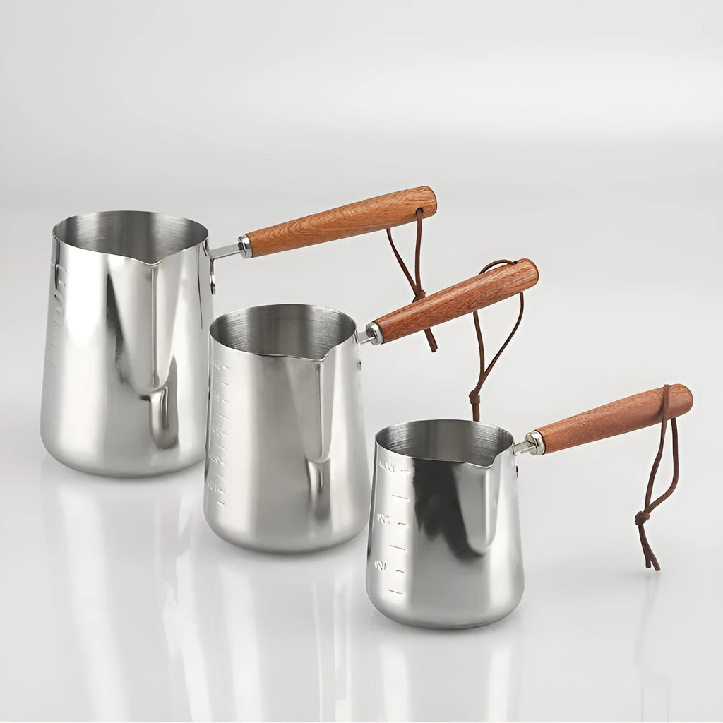 Stainless steel garland coffee cup with wooden handle showing ml scale, in three size options.
