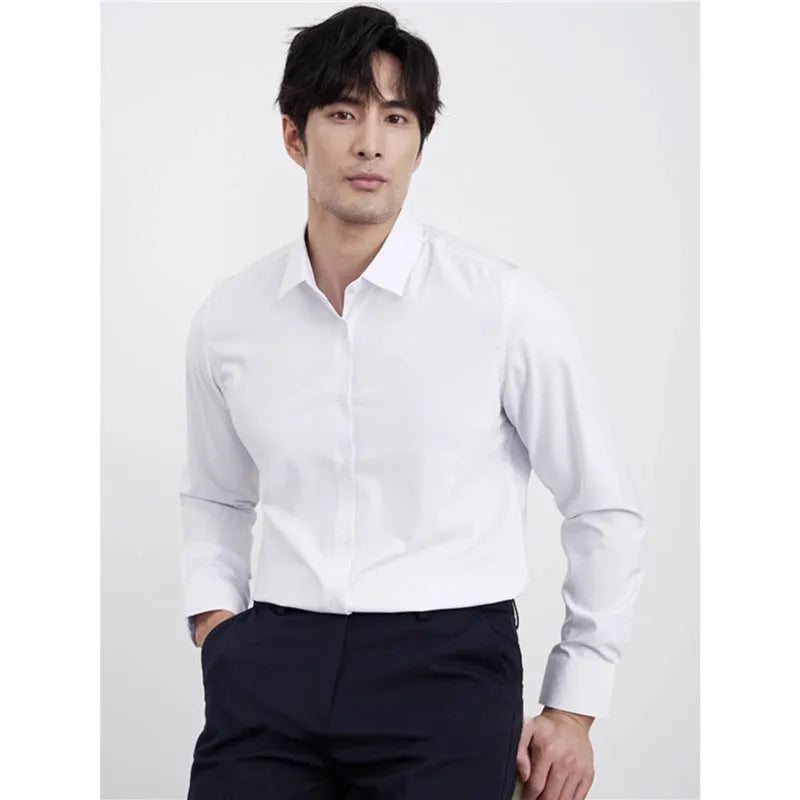 Men's wine red slim fit long sleeve shirt with a cardigan style and non-iron fabric.