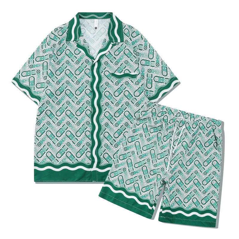 Plaid print beach outfit set comprising a short sleeve shirt and matching shorts on a mannequin