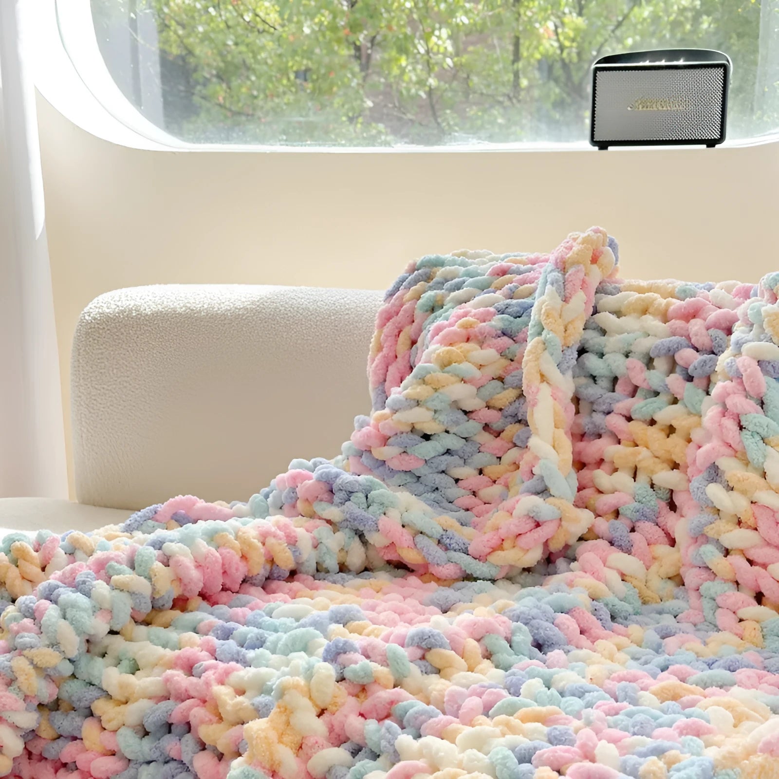 Handmade striped chenille cover blanket in choice of colours, shown laid flat displaying its 130x170cm size.