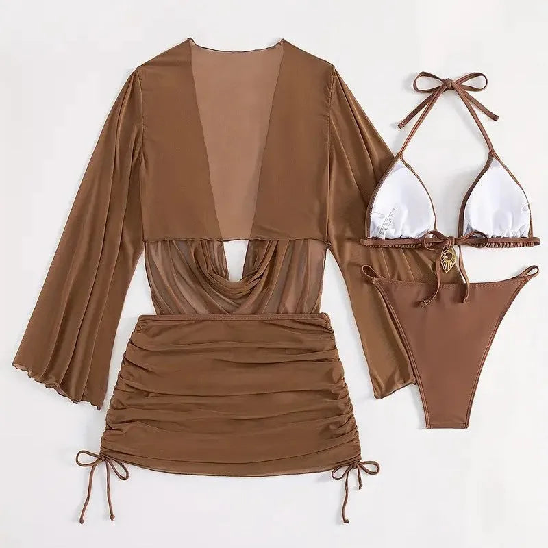 Women's dark brown lace-up bikini swimsuit with backless design