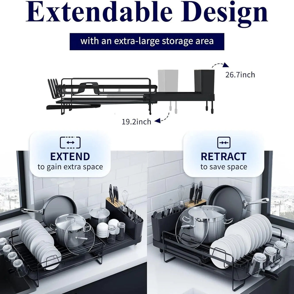 Retractable foldable kitchen dish drain rack for cutlery and cups on a countertop.