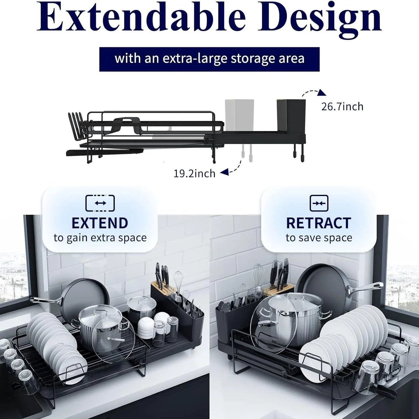 Retractable foldable kitchen dish drain rack for cutlery and cups on a countertop.