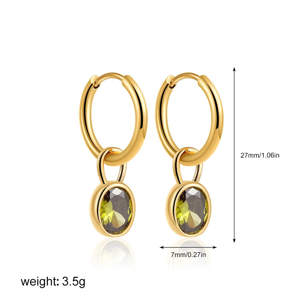 Women's oval zircon earrings in retro copper setting, showing colour options: white, emerald, green, black, red, blue.