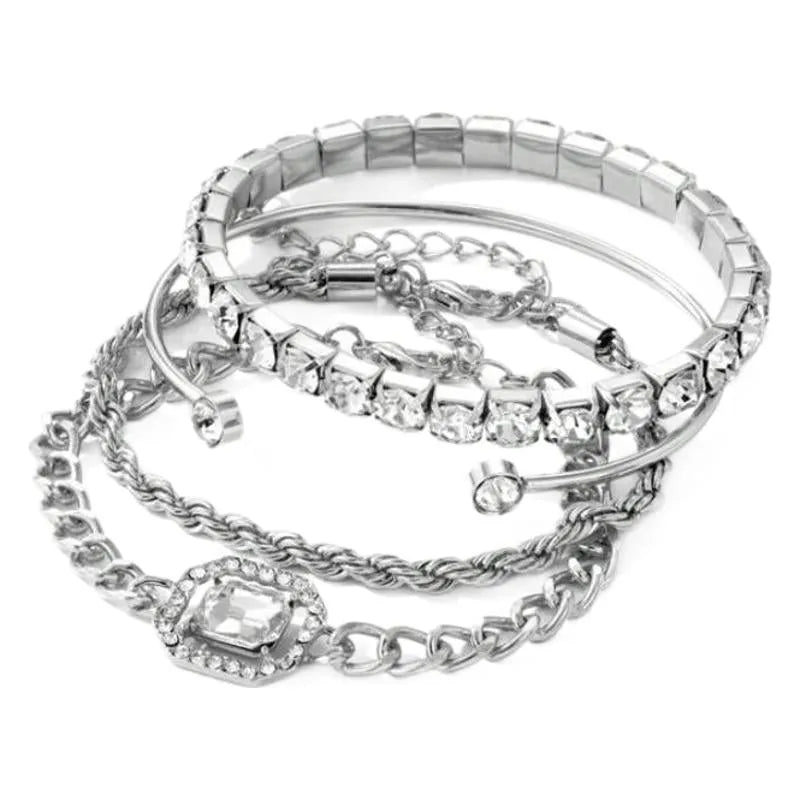 Women's geometric retro alloy bracelet set of four pieces with square diamond designs