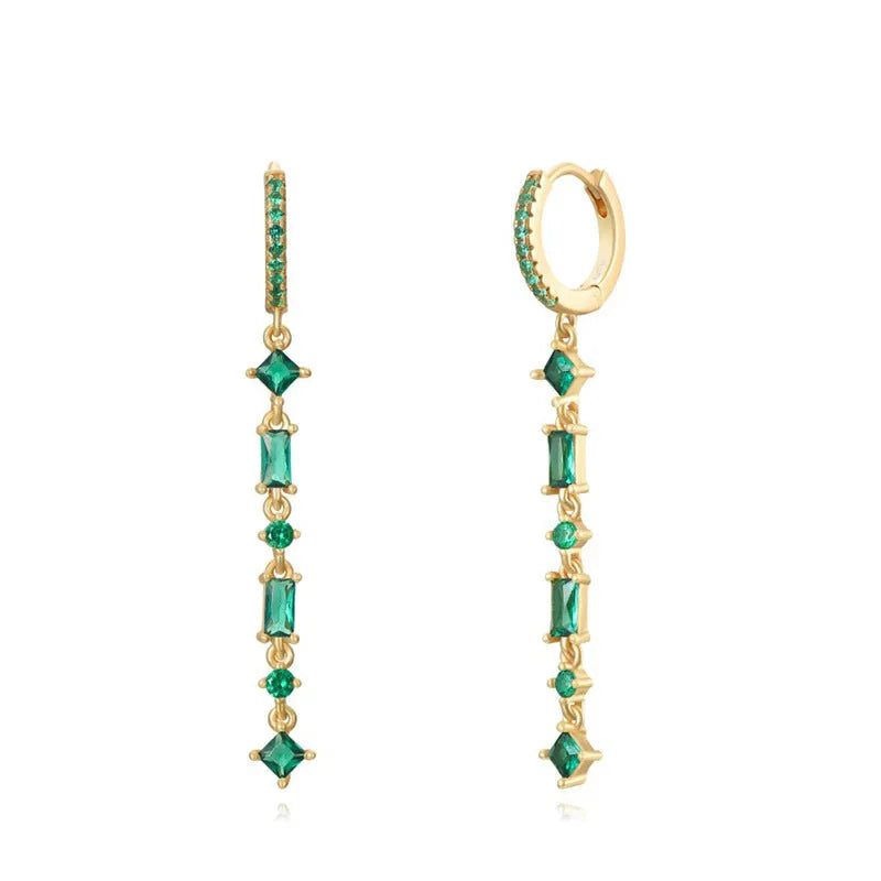 Geometric tassel ear clips with micro-inlaid colourful zircon stones on silver needle copper