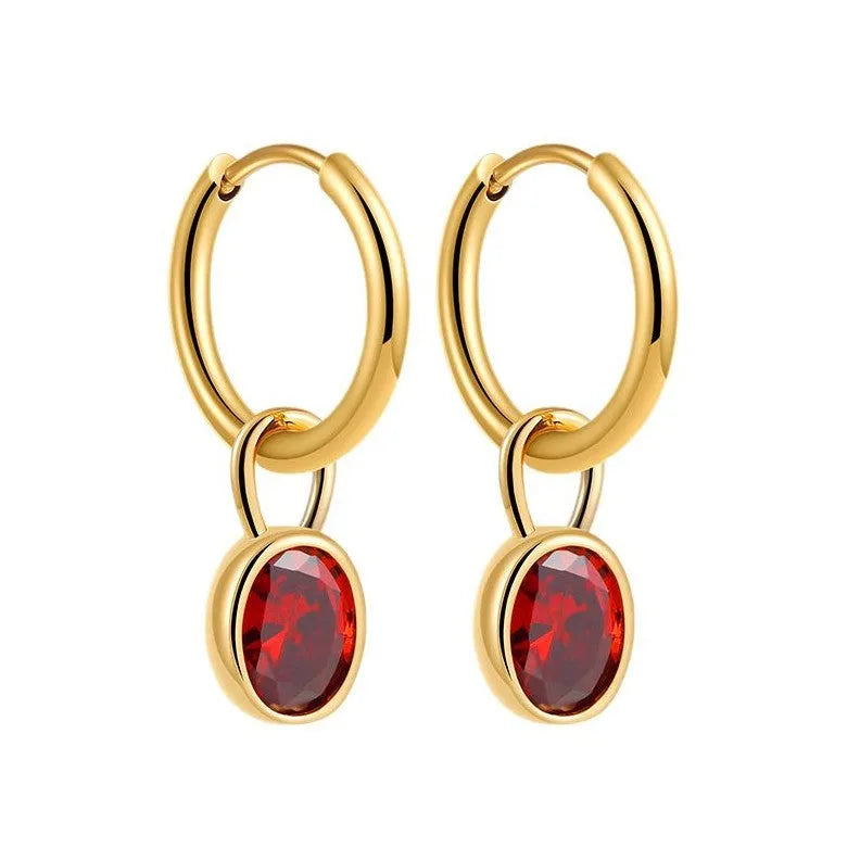 Women's oval zircon earrings in retro copper setting, showing colour options: white, emerald, green, black, red, blue.