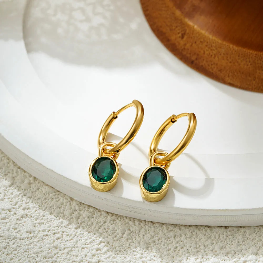 Women's oval zircon earrings in retro copper setting, showing colour options: white, emerald, green, black, red, blue.
