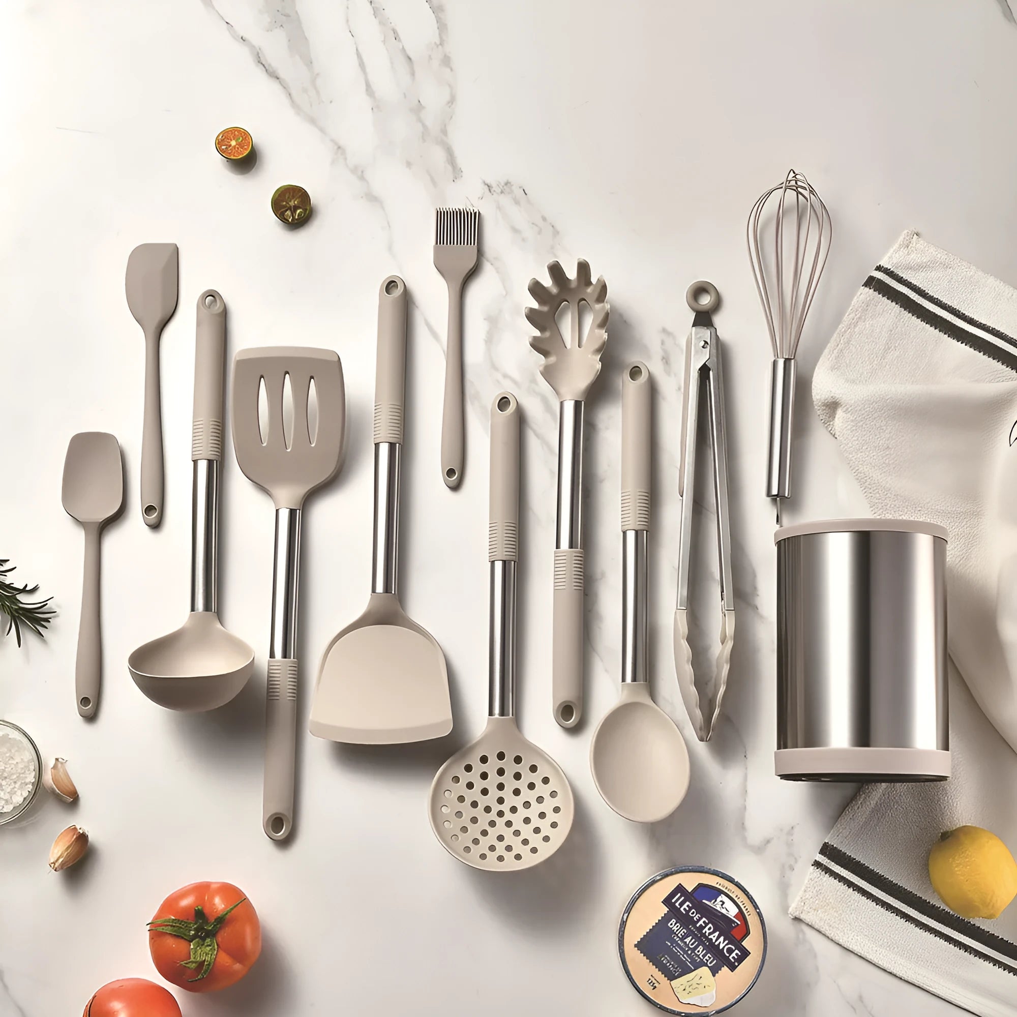 Silicone kitchen utensil set with 12 pieces including spatula, turner, ladel, and food clip in rotating storage bucket