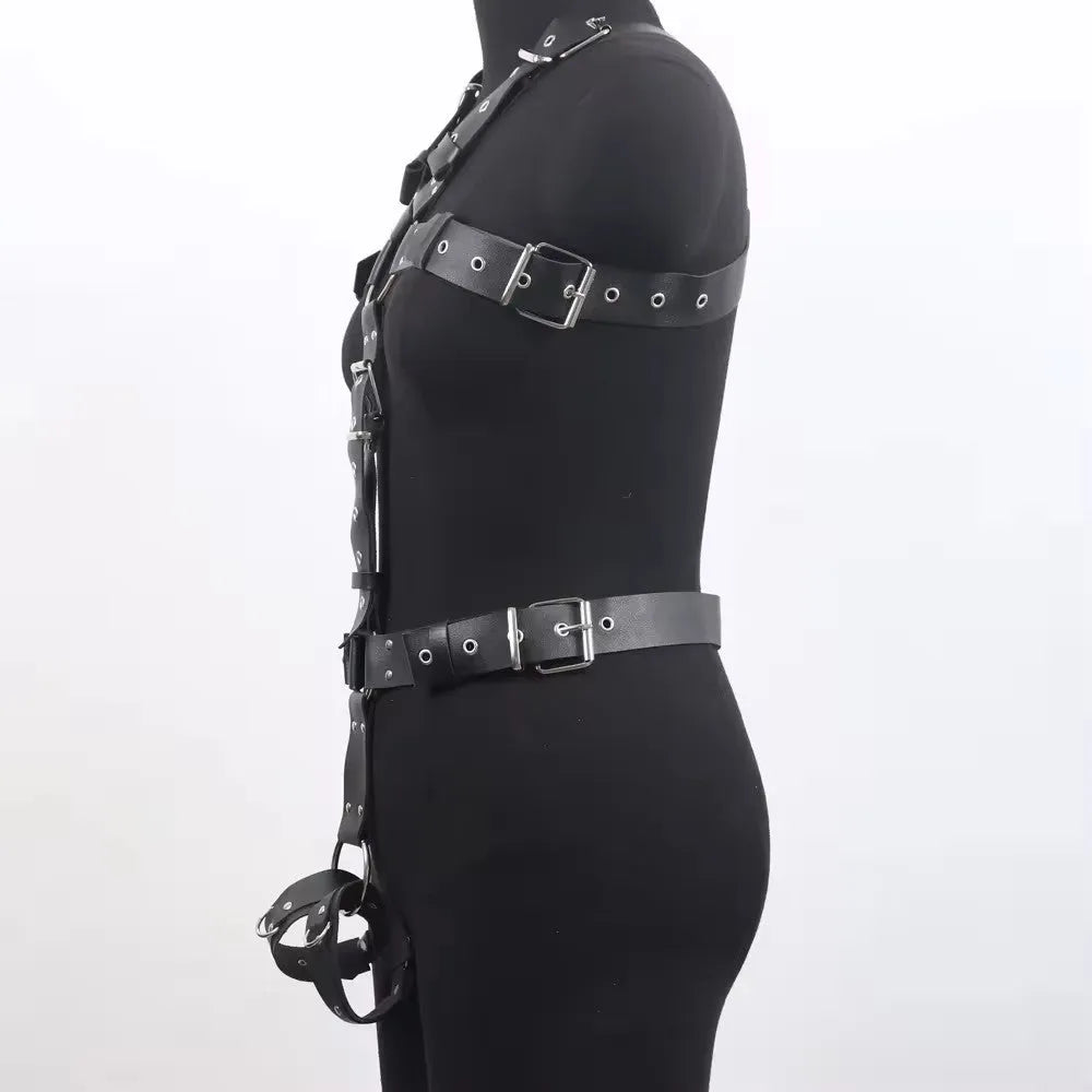 Black leather binding suit with pin buckle fastening for waist shaping