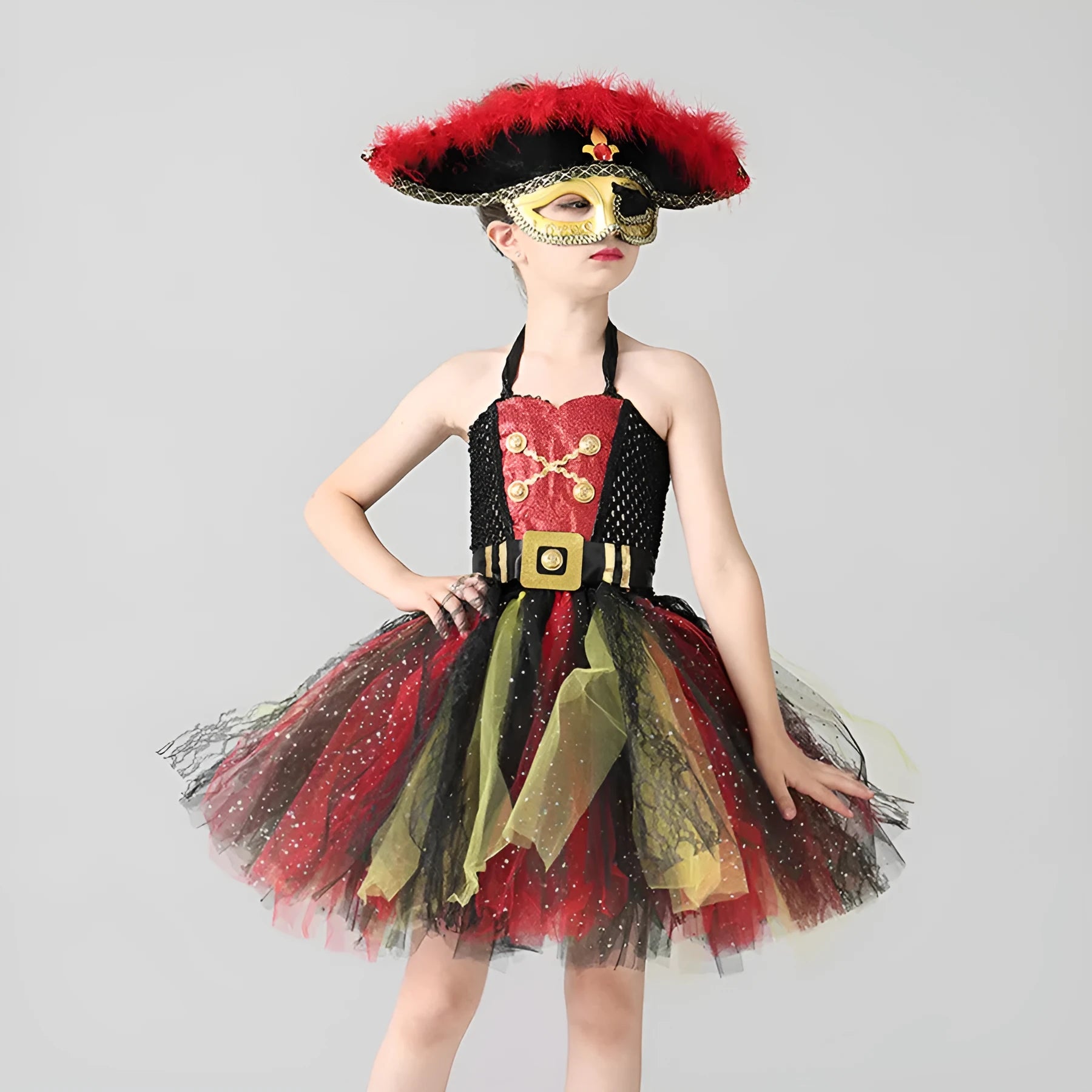 Girls sleeveless pirate dress costume with sequins, mesh, and lace detailing.
