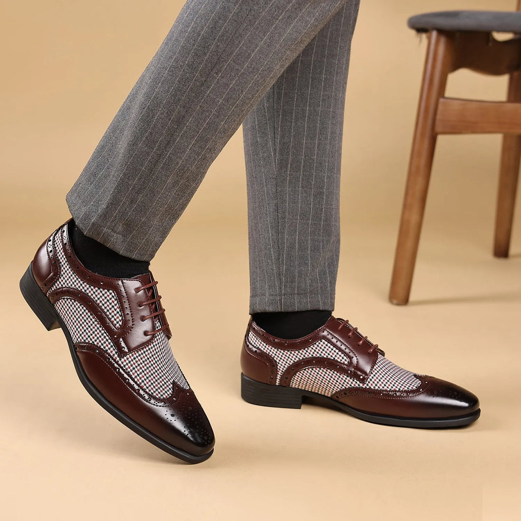 Men's imitation houndstooth plaid casual shoes with canvas upper and lace-up front, shown in available colours.