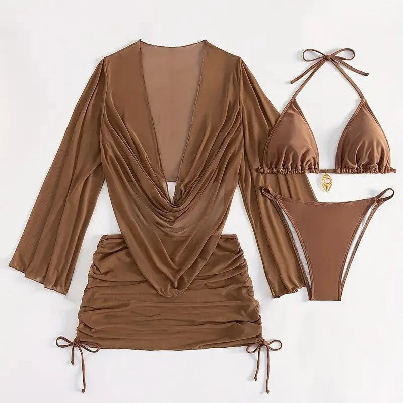 Women's dark brown lace-up bikini swimsuit with backless design