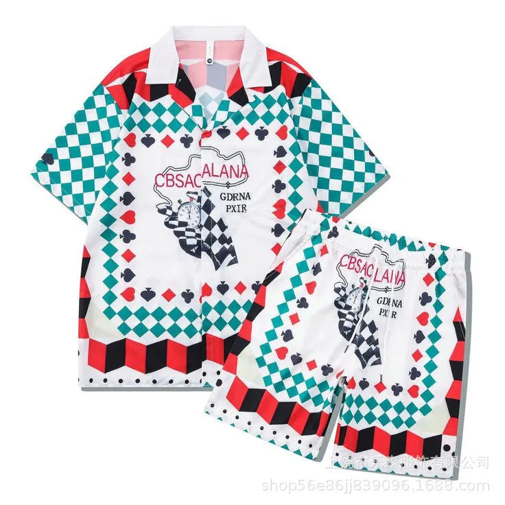 Plaid print beach outfit set comprising a short sleeve shirt and matching shorts on a mannequin