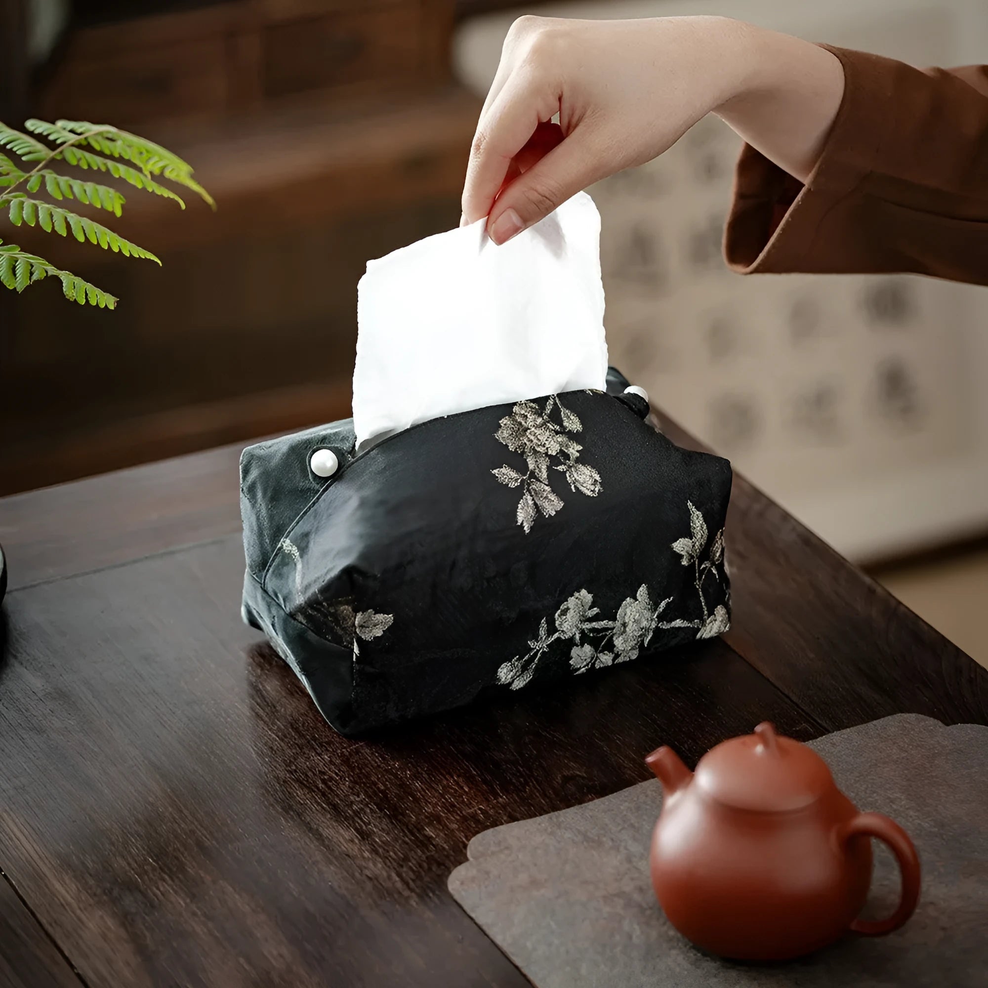 New Chinese style brocade fabric tissue box with embroidered white plum design