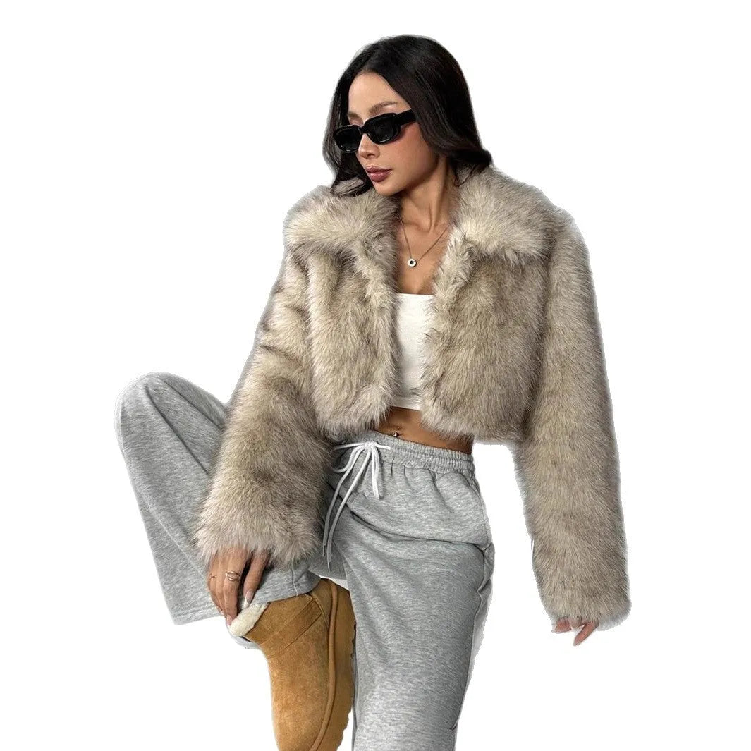 Artificial fox fur fashion coat with fur collar, shown in short length and available in multiple colours.