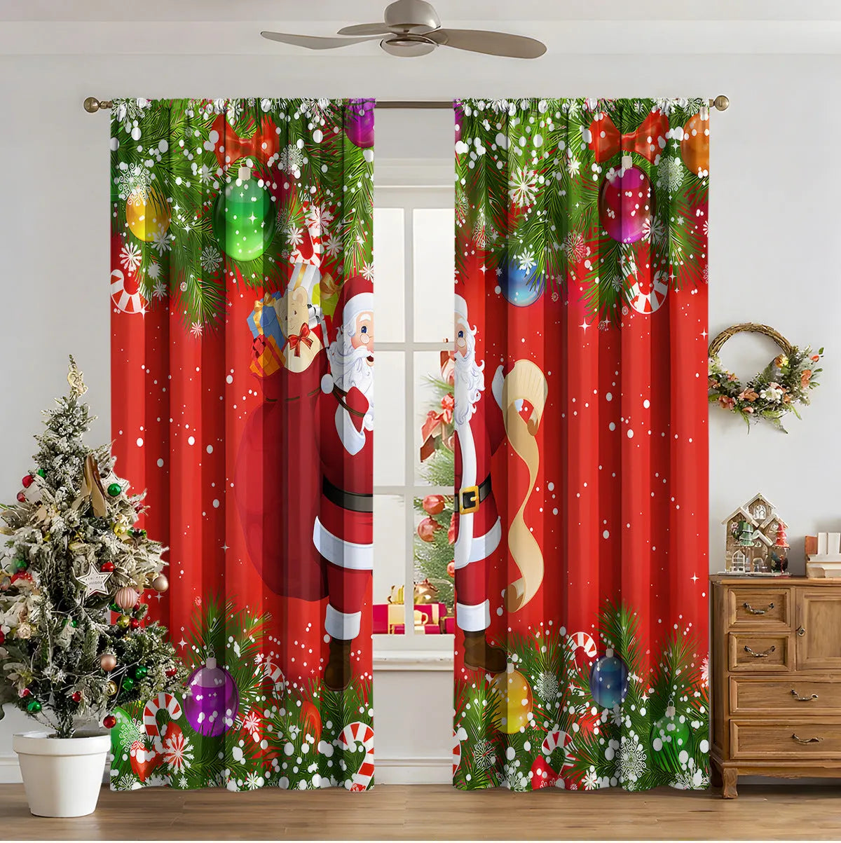 3D digitally printed modern Christmas curtain in a polyester fabric, showing one of fifteen available design styles.