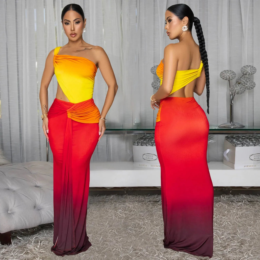 Women's gradient colour cross-shoulder sleeveless summer dress with high waist and long skirt.